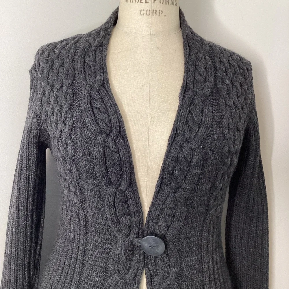 MADE IN IRELAND Inis Crafts One Button Wool Sweater Cardigan Jacket Black Large - Picture 2 of 6